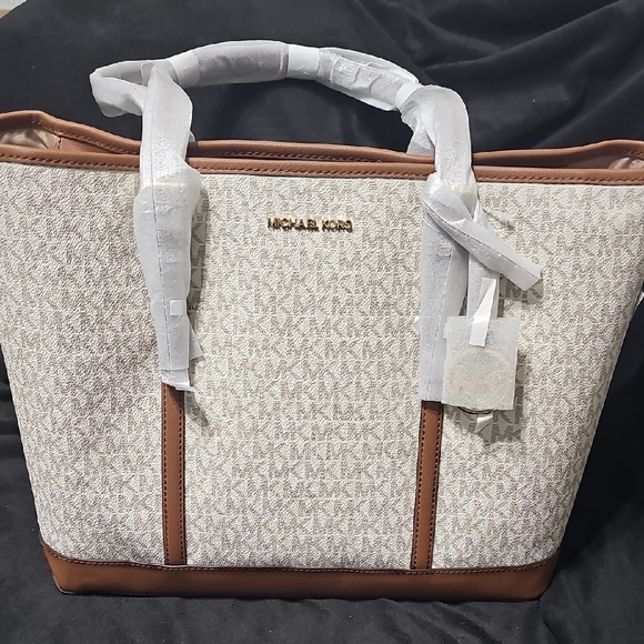 Michael Kors Handbags - Michael Kors Cream Logo-Print Tote with Brown Trim